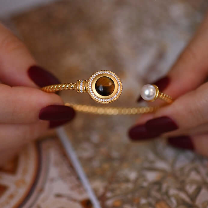 Gold Tiger Eye Pearl Twist Cuff Bracelet