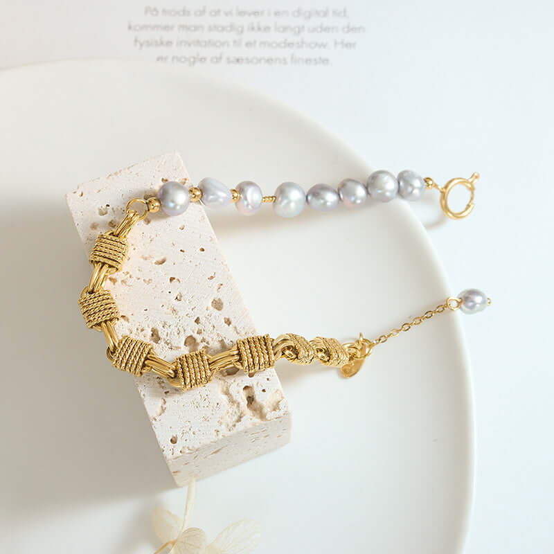 Gold White Pearl Braid Bracelet 