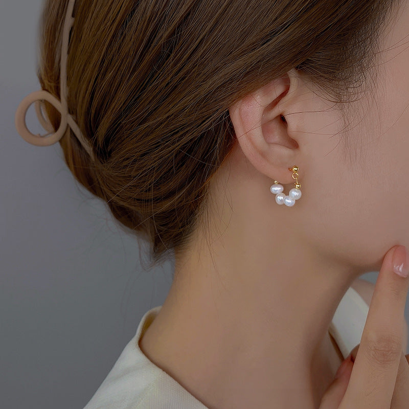 Gold White Pearl Hoop Earrings