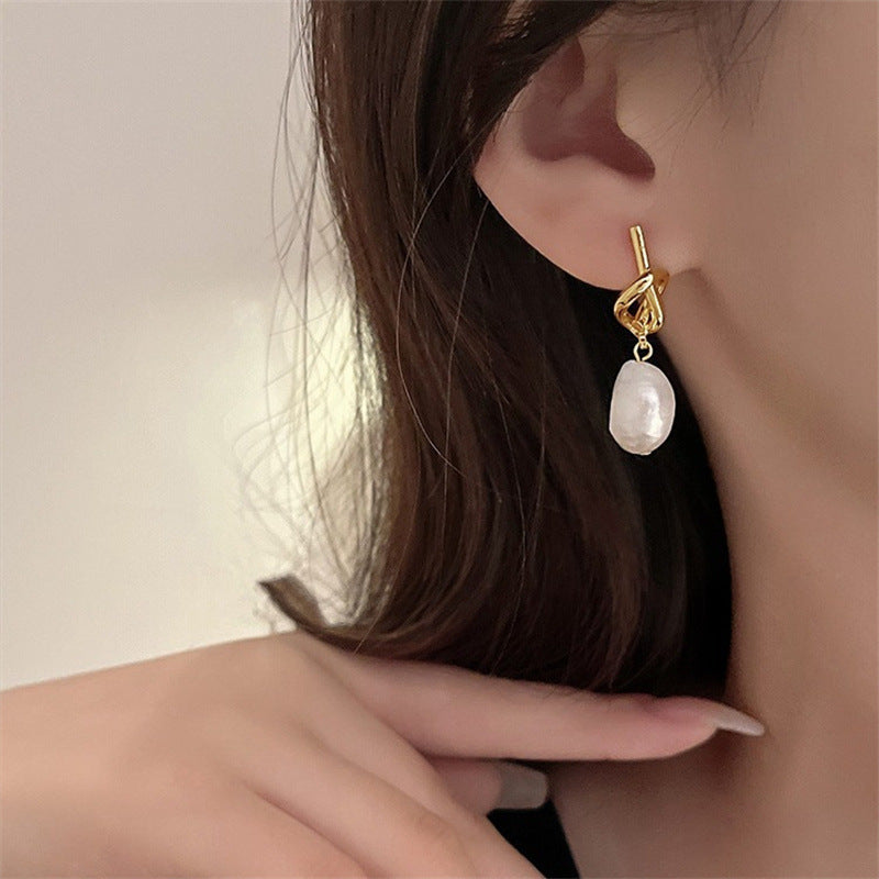 Gold White Pearl Knot Earrings