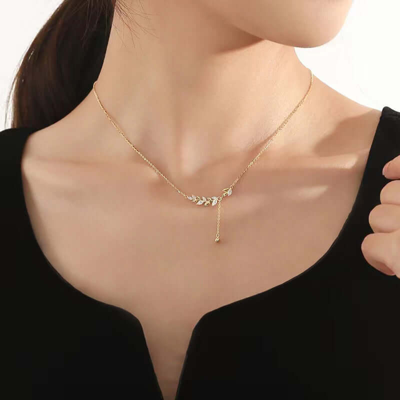 Gold Zirconia Olive Leaf Y Necklace