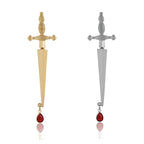 Gold and silver sword-shaped ear jacket earrings with red gemstones 