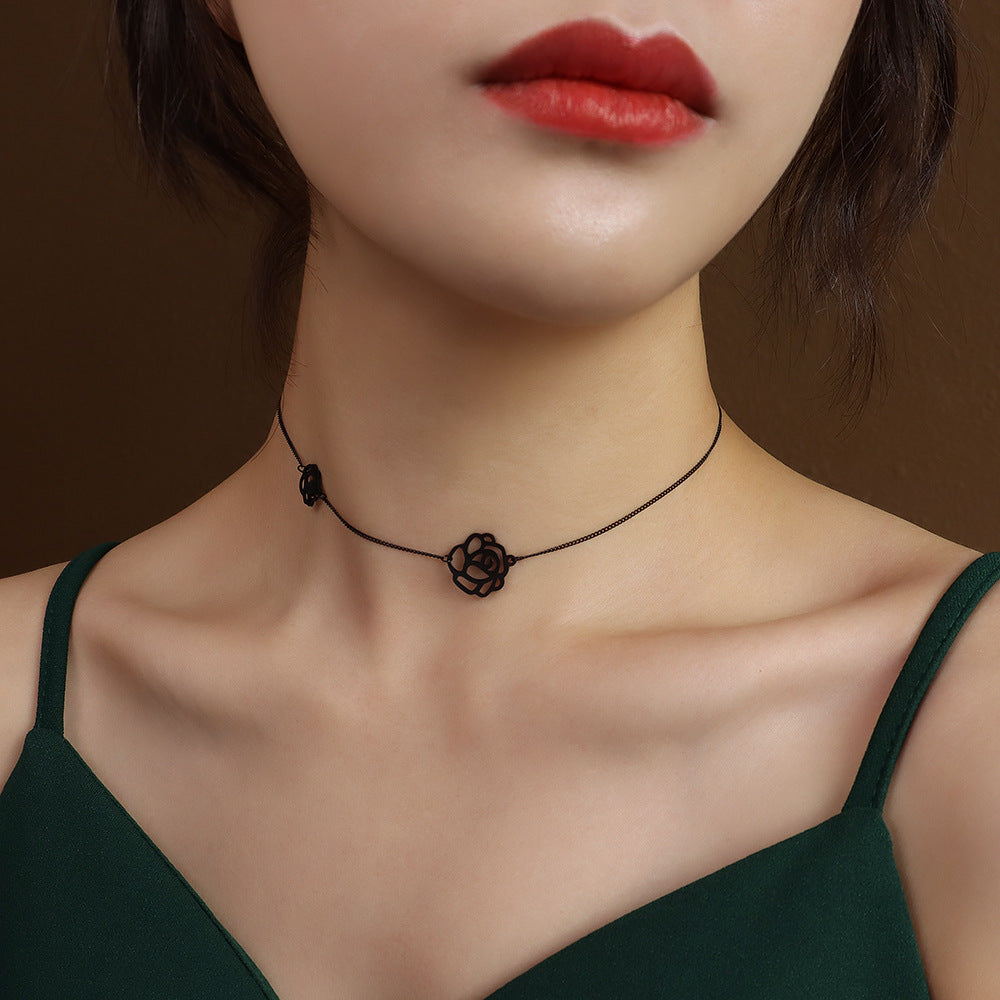 Gothic Black Camellia Rose Choker Necklace 