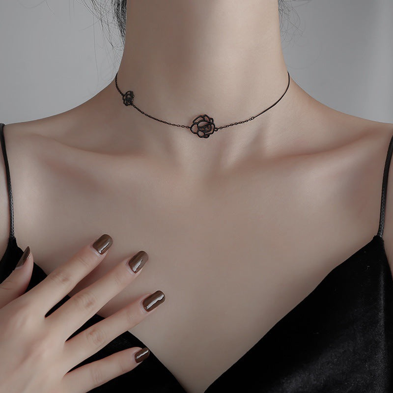 Gothic Black Camellia Rose Choker Necklace 