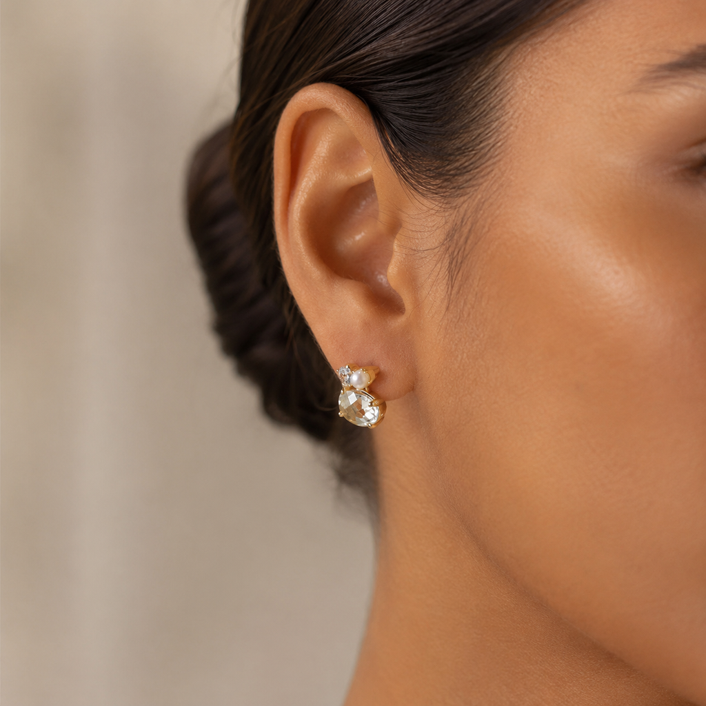 Dainty Green Amethyst Stud Earrings with Pearl
