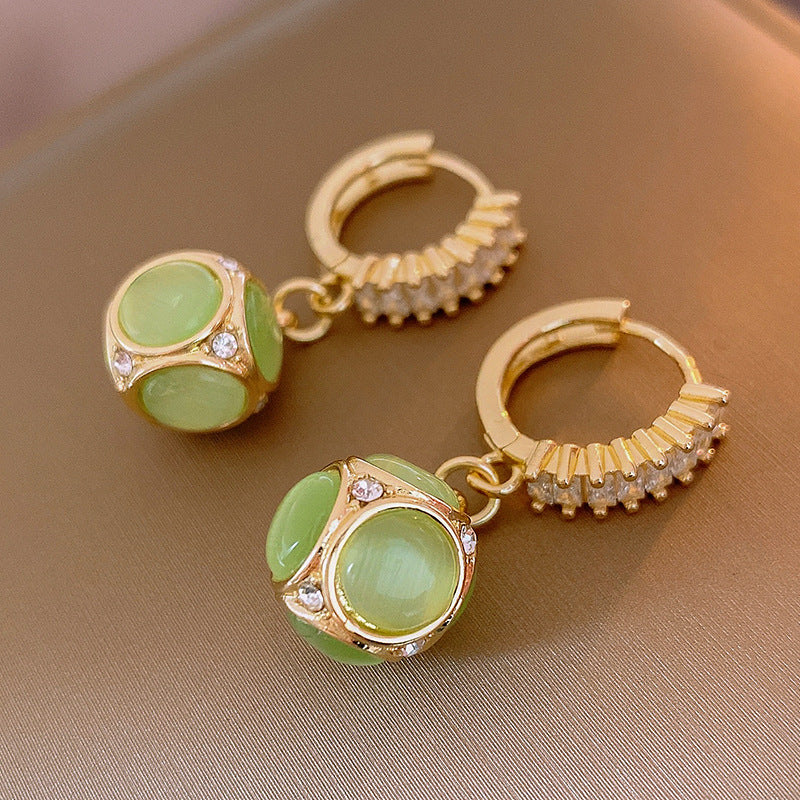 Green Cat Eye Stone Ball Earrings