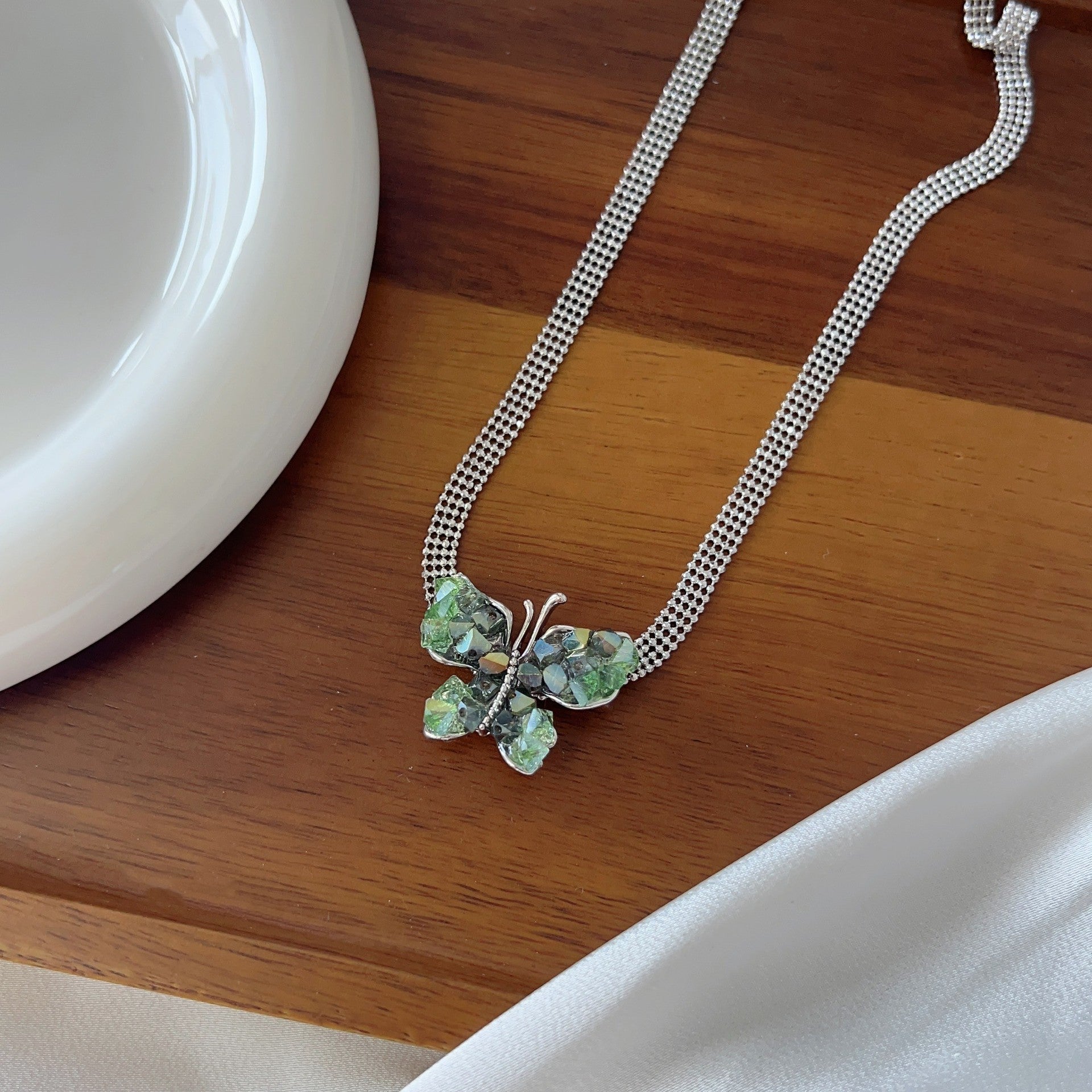 Green Crystal Butterfly Pendant Necklace