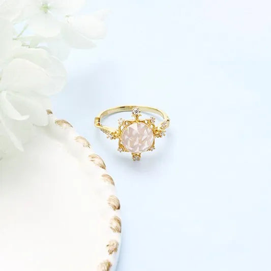 Gold Natural Rose Quartz Ring, Wedding Ring, Romantic Pink Ring | HJZB-002-01