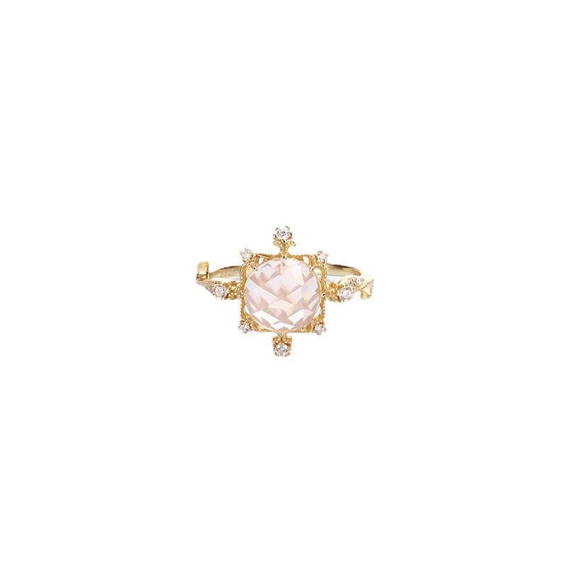 Gold Natural Rose Quartz Ring, Wedding Ring, Romantic Pink Ring | HJZB-002-01