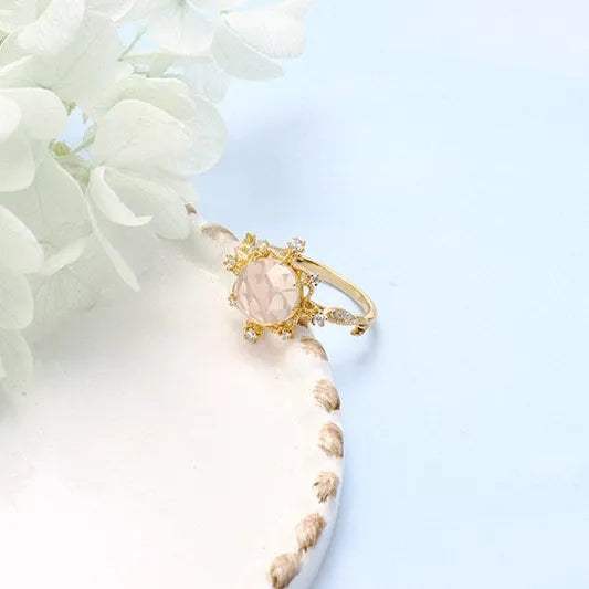 Gold Natural Rose Quartz Ring, Wedding Ring, Romantic Pink Ring | HJZB-002-01