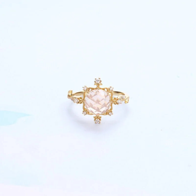 Gold Natural Rose Quartz Ring, Wedding Ring, Romantic Pink Ring | HJZB-002-01