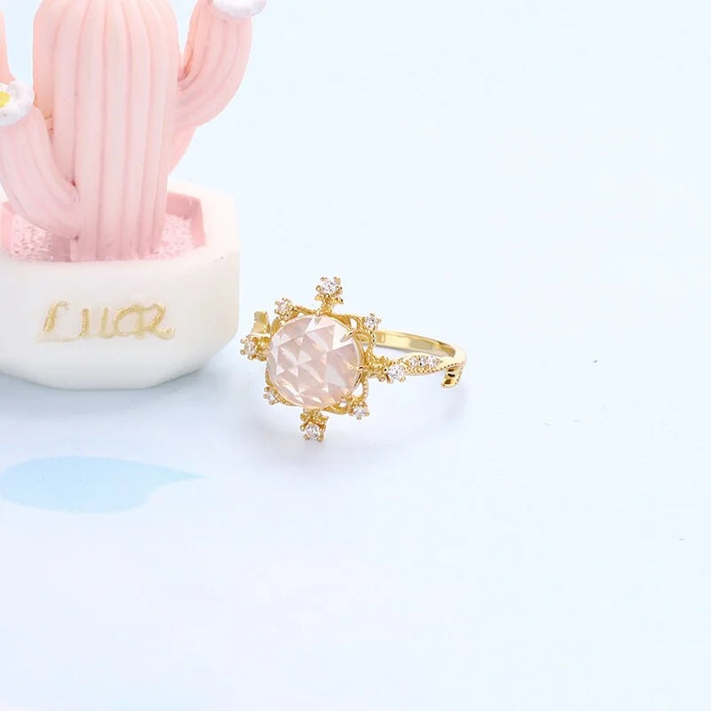 Gold Natural Rose Quartz Ring, Wedding Ring, Romantic Pink Ring | HJZB-002-01
