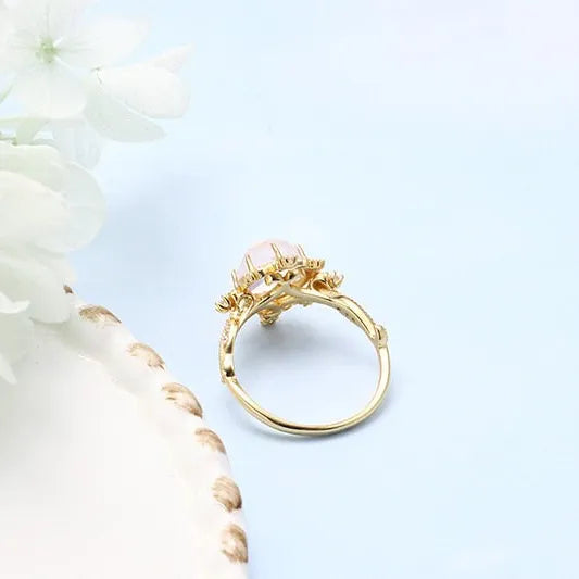 Gold Natural Rose Quartz Ring, Wedding Ring, Romantic Pink Ring | HJZB-002-01