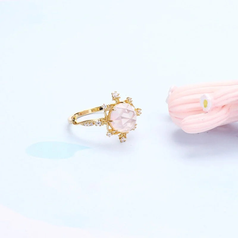 Gold Natural Rose Quartz Ring, Wedding Ring, Romantic Pink Ring | HJZB-002-01