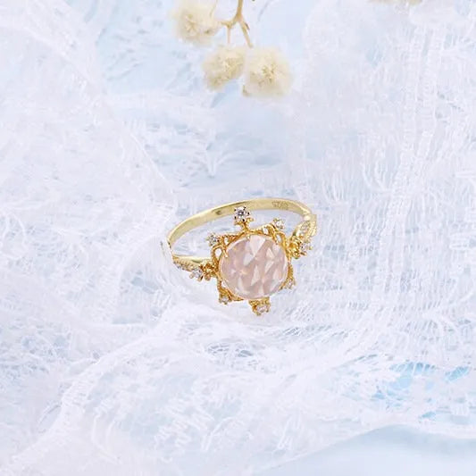 Gold Natural Rose Quartz Ring, Wedding Ring, Romantic Pink Ring | HJZB-002-01