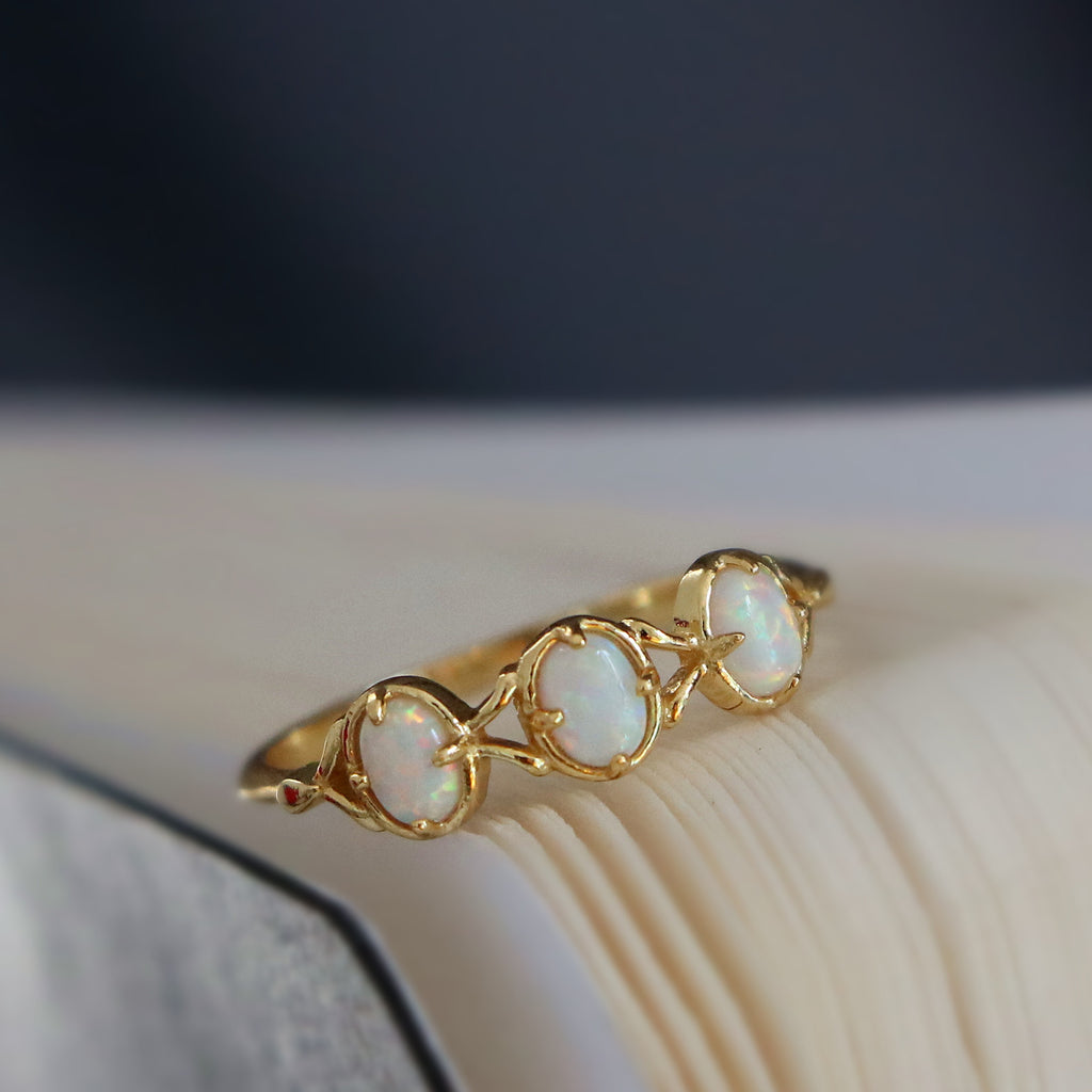 Sterling Silver Oval Opal Ring, Opal 3 Stone Rings