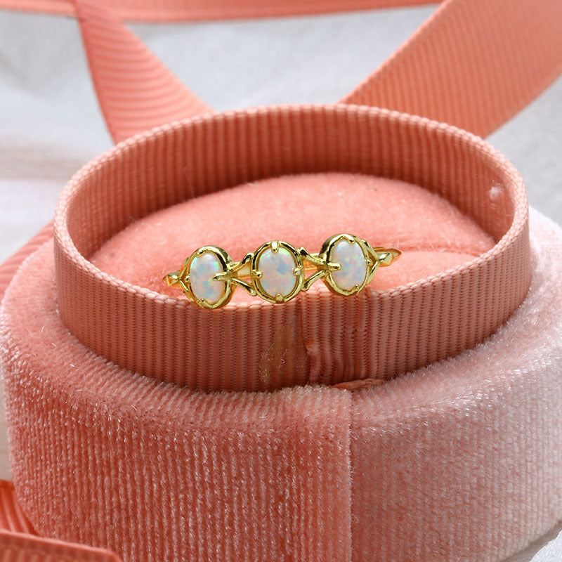 Sterling Silver Oval Opal Ring, Opal 3 Stone Rings