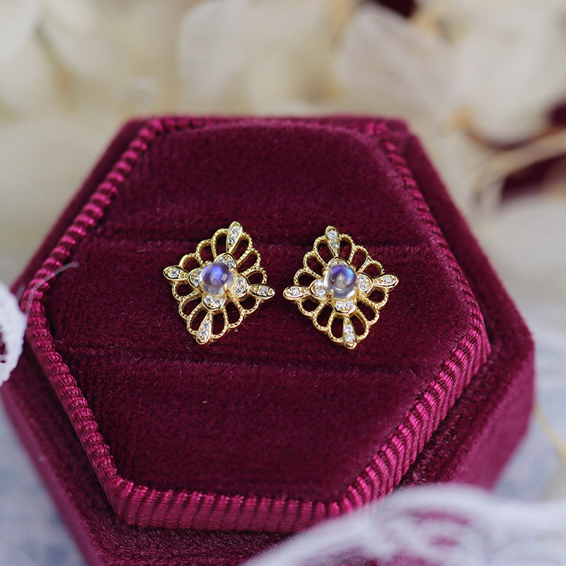 Retro Moonstone Stud Earrings June Birthstone | HJZB-243