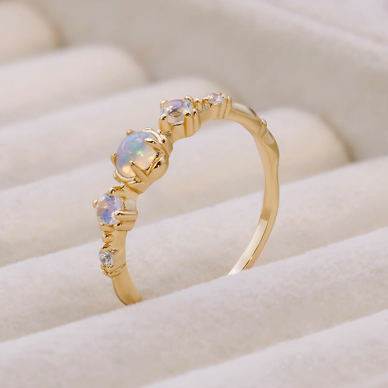 Gold Opal & Moonstone Crystal Ring, Birthstone Ring