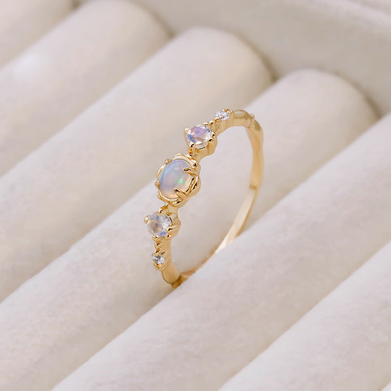 Gold Opal & Moonstone Crystal Ring, Birthstone Ring