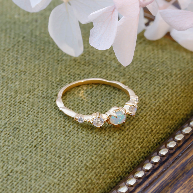 Gold Opal & Moonstone Crystal Ring, Birthstone Ring