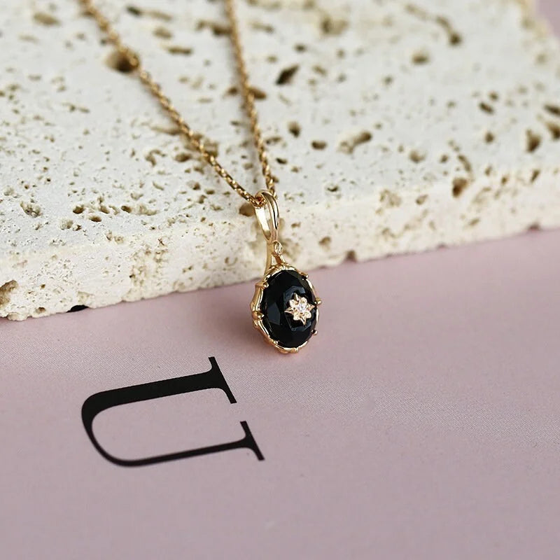 Vintage Black Agate Celestial Ring and Pendant Set