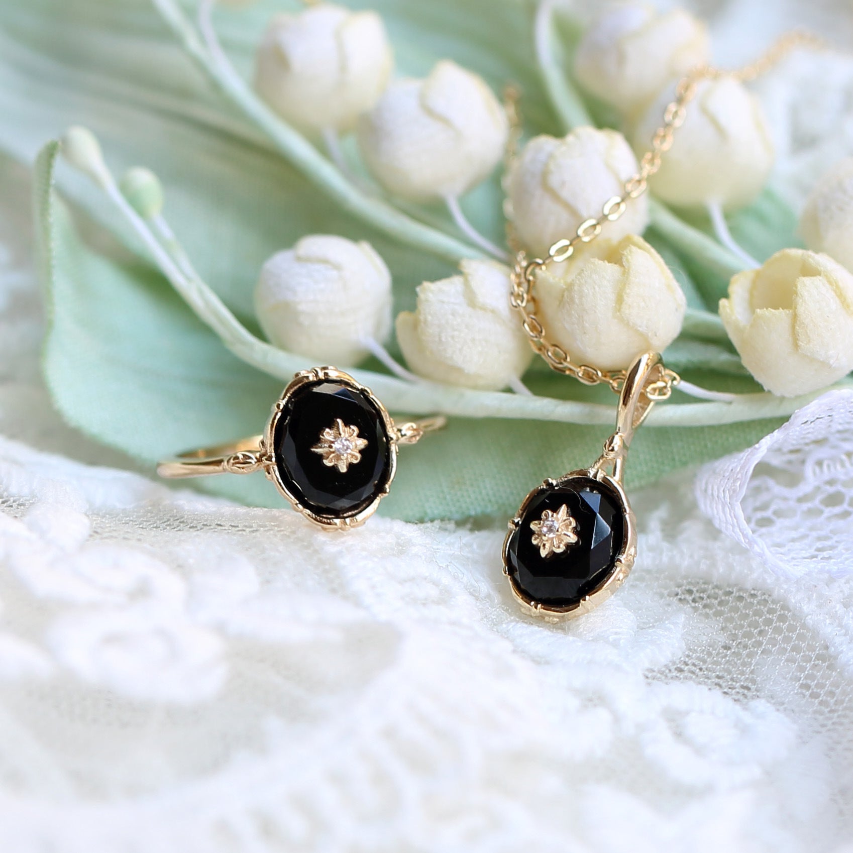 Vintage Black Agate Celestial Ring and Pendant Set