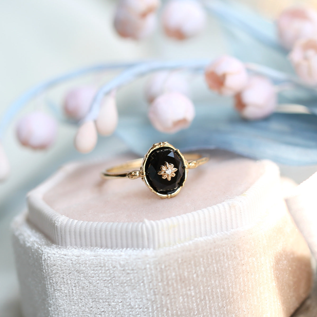 Vintage Black Agate Celestial Ring and Pendant Set