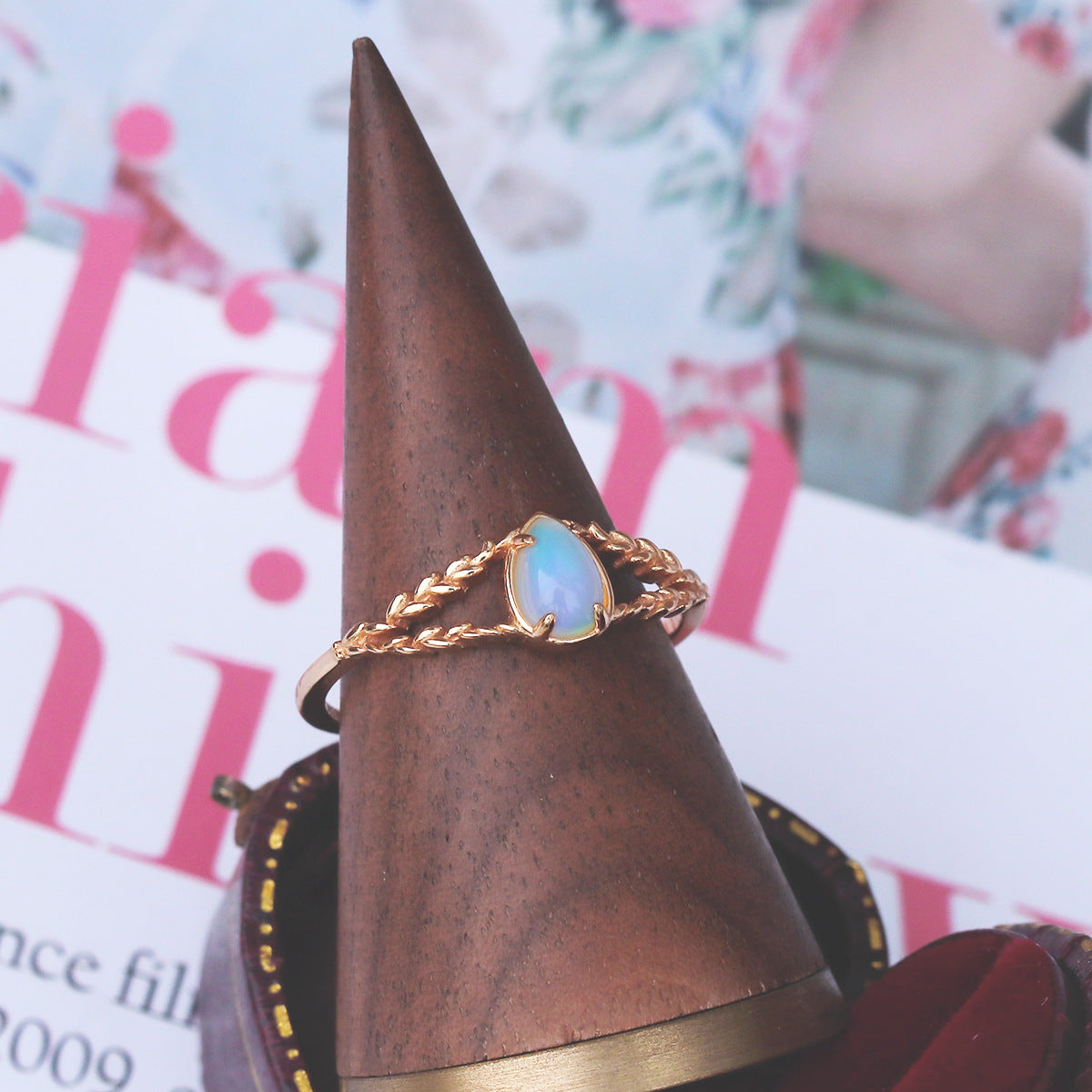 Gold Opal Twisted Ring, Libra Birthstone Ring | HJZB-424