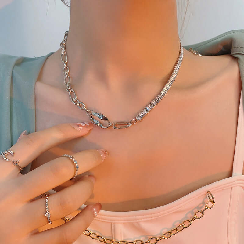 Asymmetric Geometric Box Chain Choker Necklace