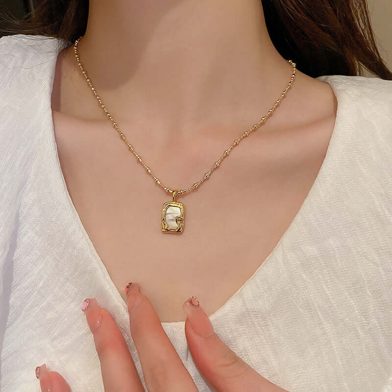 Mother of Pearl Vintage Gold Frame Pendant Necklace