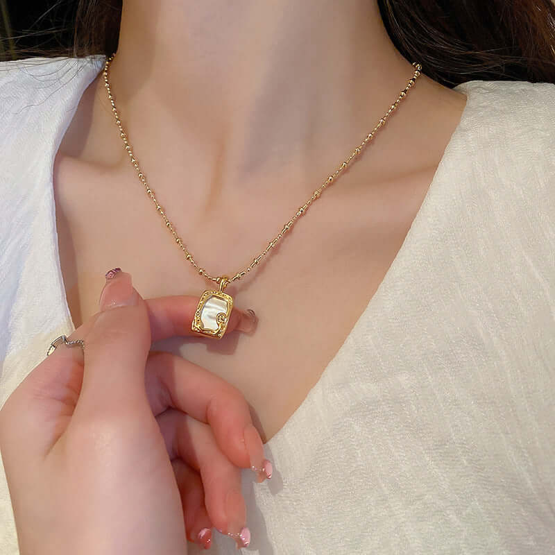 Mother of Pearl Vintage Gold Frame Pendant Necklace