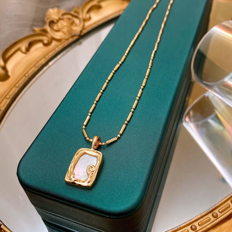 Mother of Pearl Vintage Gold Frame Pendant Necklace