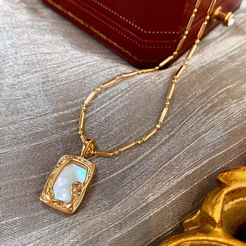 Mother of Pearl Vintage Gold Frame Pendant Necklace