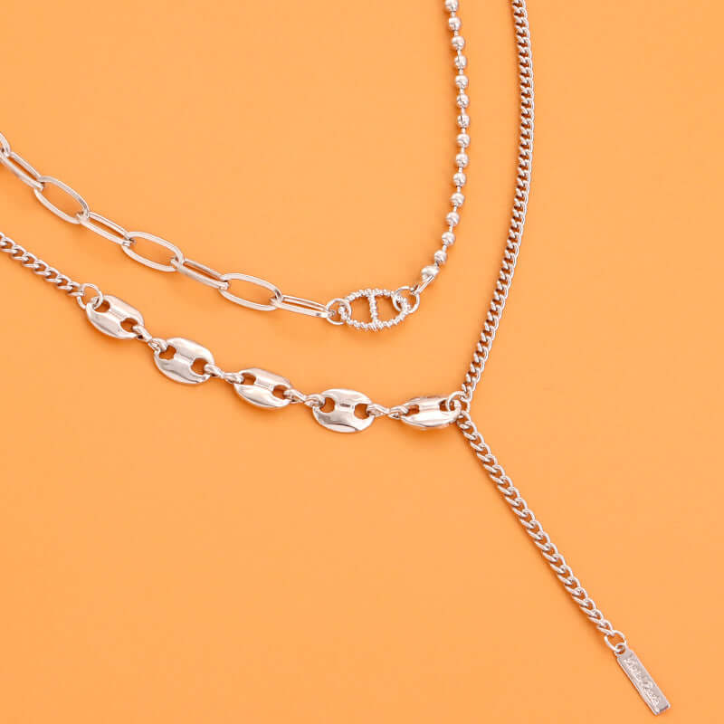 Asymmetric Silver Tassel Pig Nose Layer Chain Necklace