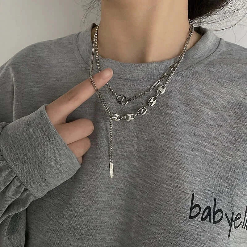 Asymmetric Silver Tassel Pig Nose Layer Chain Necklace