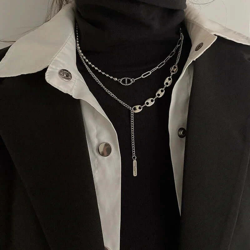 Asymmetric Silver Tassel Pig Nose Layer Chain Necklace