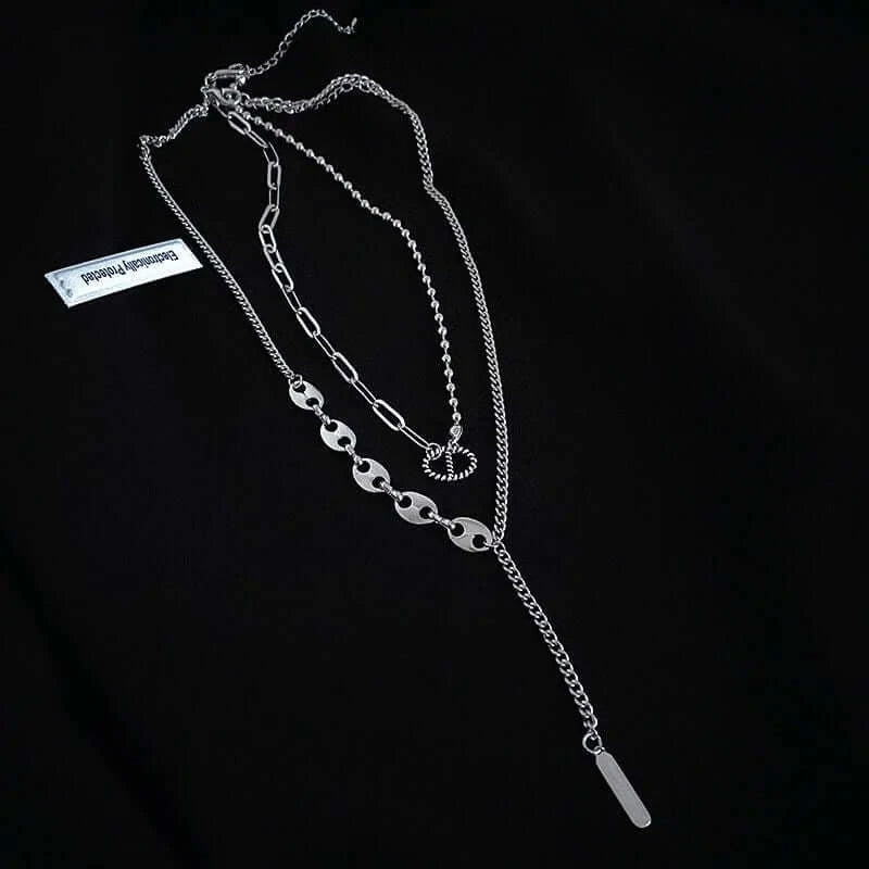 Asymmetric Silver Tassel Pig Nose Layer Chain Necklace