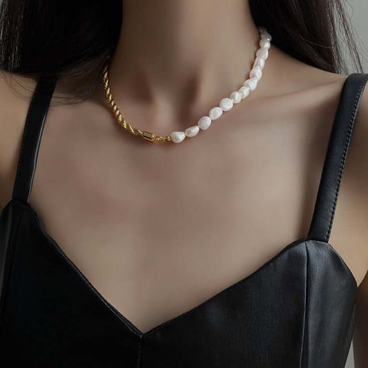 Baroque Freshwater Pearl with Rope Chain Half Necklace | HN904