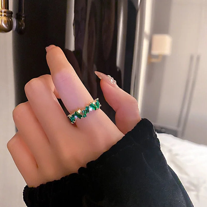 Gold Plated Green CZ Ring, Geometric Ring, CZ Jewelry | HR528Irregular Geometric Green CZ Eternity Ring