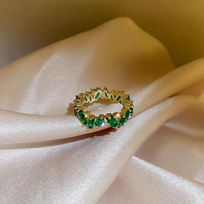 Gold Plated Green CZ Ring, Geometric Ring, CZ Jewelry | HR528Irregular Geometric Green CZ Eternity Ring