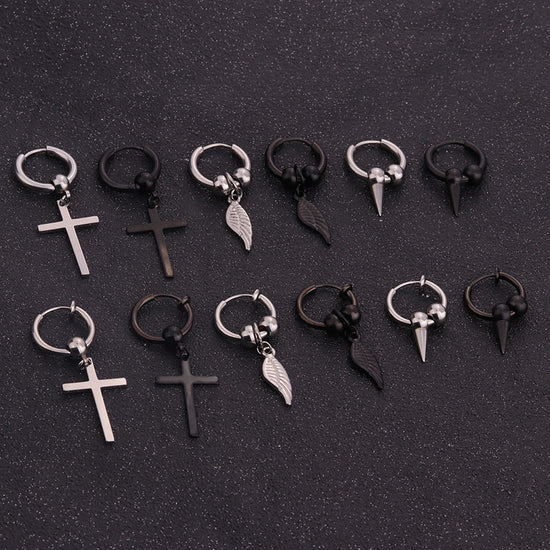 Black Cross and Cone Dangle Clicker Hoop Earring
