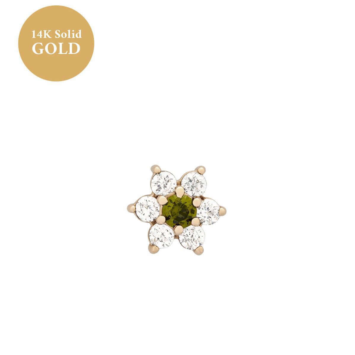 14K gold floral birthstone cartilage earring featuring a green gemstone, suitable for helix and daith piercings