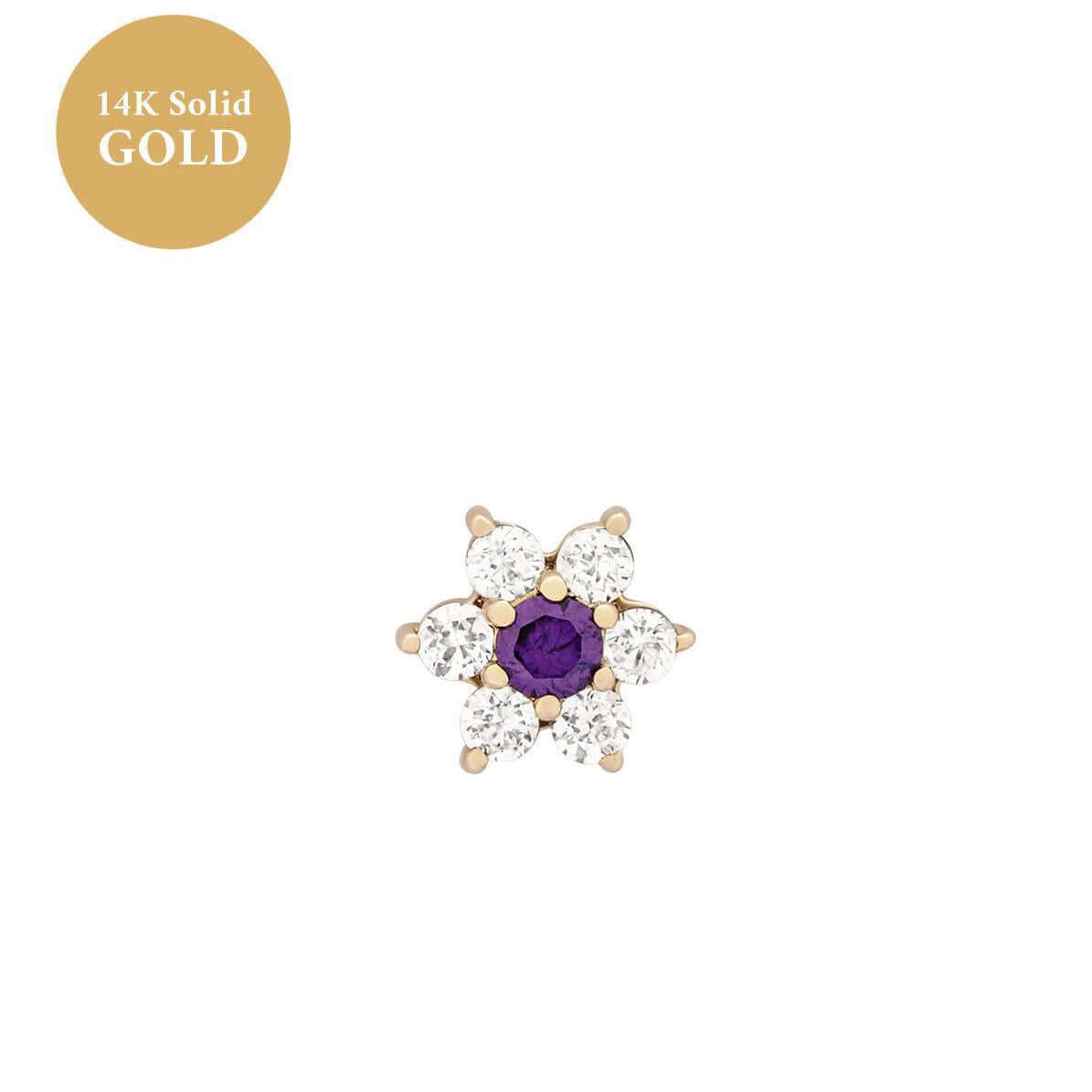 14K gold floral birthstone cartilage earring with purple center stone and white accents for helix or daith piercing.