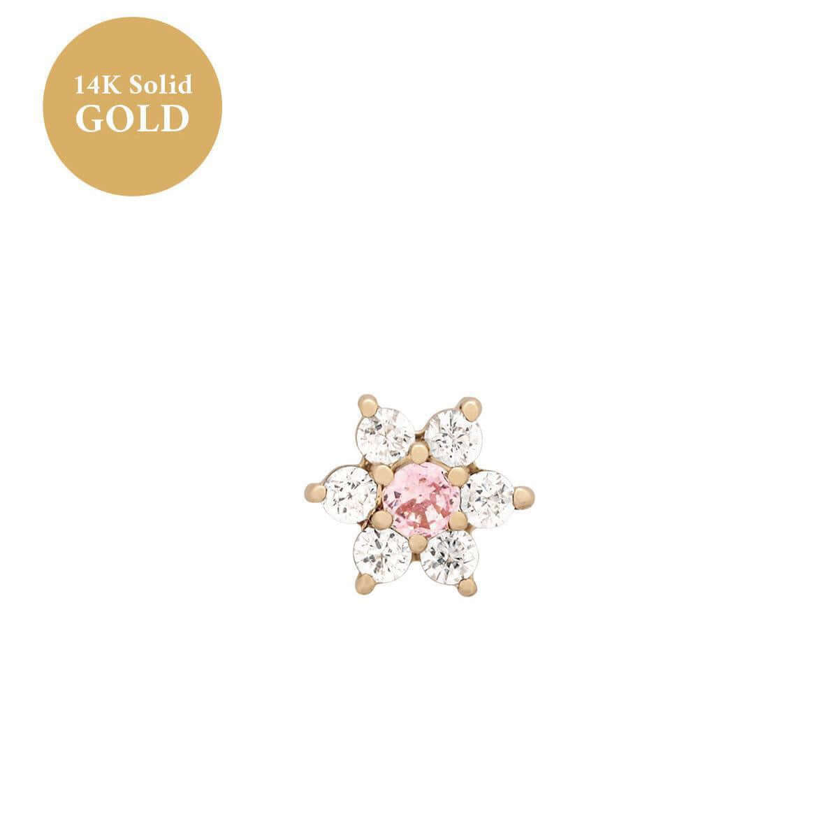 14K gold floral cartilage earring with pink birthstone center and white gemstone petals, perfect for helix or daith piercings.