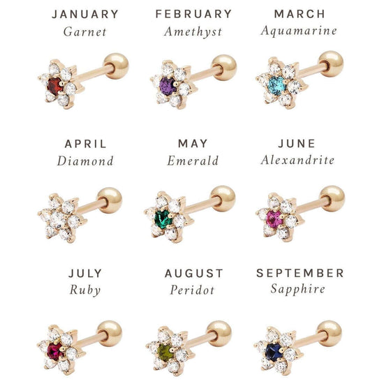 14K Gold Floral Birthstone Cartilage Earrings for each month, featuring garnet, amethyst, aquamarine, diamond, emerald, alexandrite, ruby, peridot, sapphire.