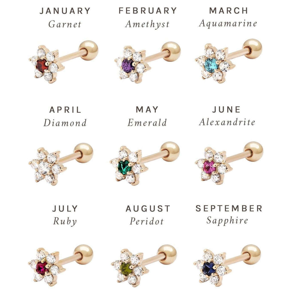 14K Gold Floral Birthstone Cartilage Earrings for each month, featuring garnet, amethyst, aquamarine, diamond, emerald, alexandrite, ruby, peridot, sapphire.