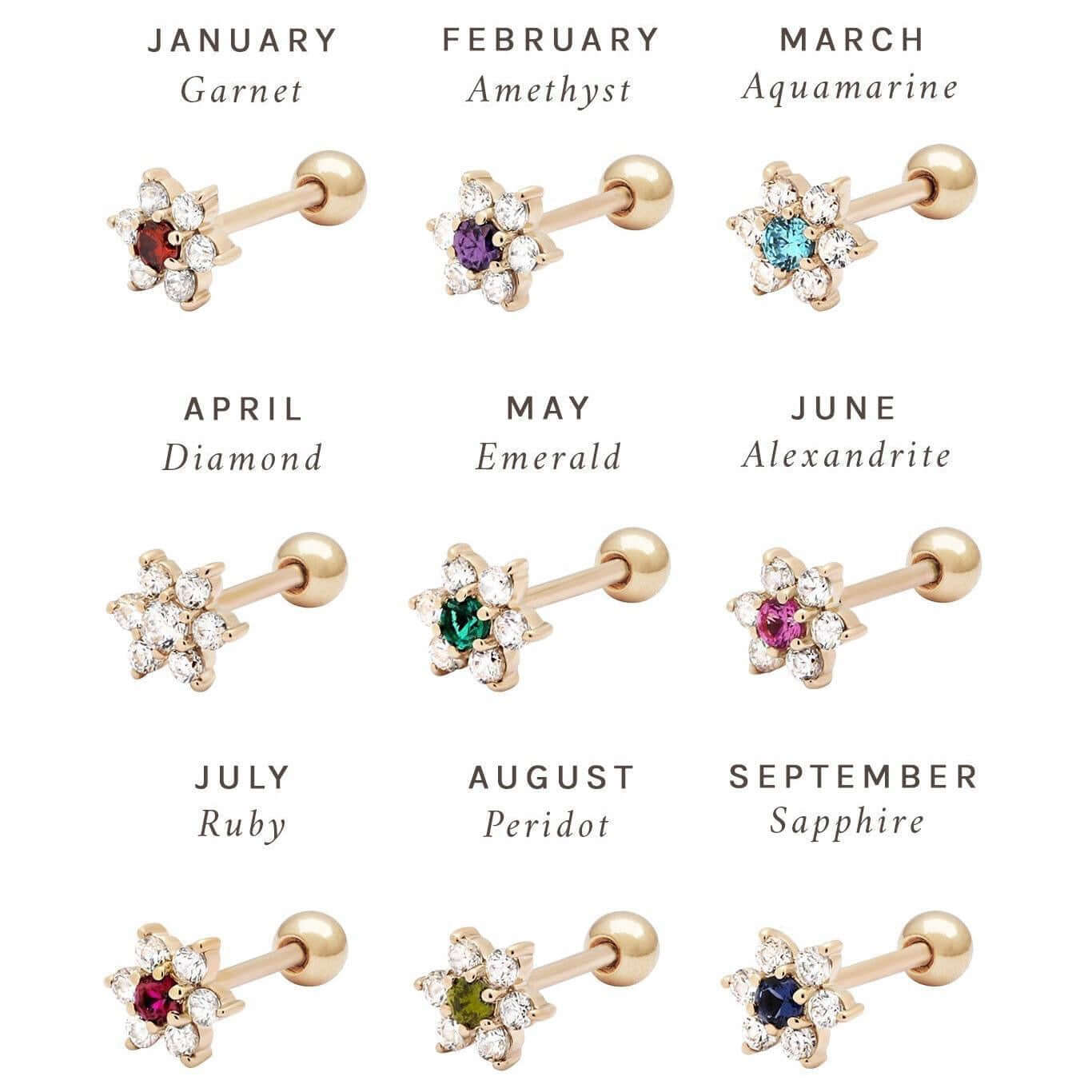 14K Gold Floral Birthstone Cartilage Earrings for each month, featuring garnet, amethyst, aquamarine, diamond, emerald, alexandrite, ruby, peridot, sapphire.