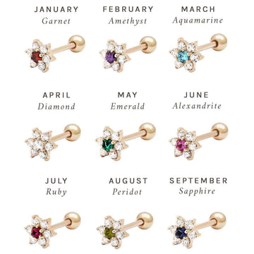 14K Gold Floral Birthstone Cartilage Earrings for each month, featuring garnet, amethyst, aquamarine, diamond, emerald, alexandrite, ruby, peridot, sapphire.