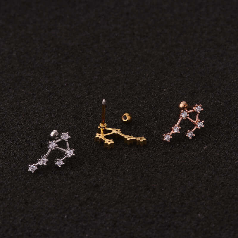 20G surgical steel zodiac cartilage stud earrings in silver, gold, and rose gold with CZ, suitable for helix and daith piercings